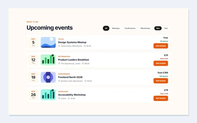 Events & booking: HTML template preview