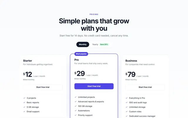 Pricing tables: HTML template preview